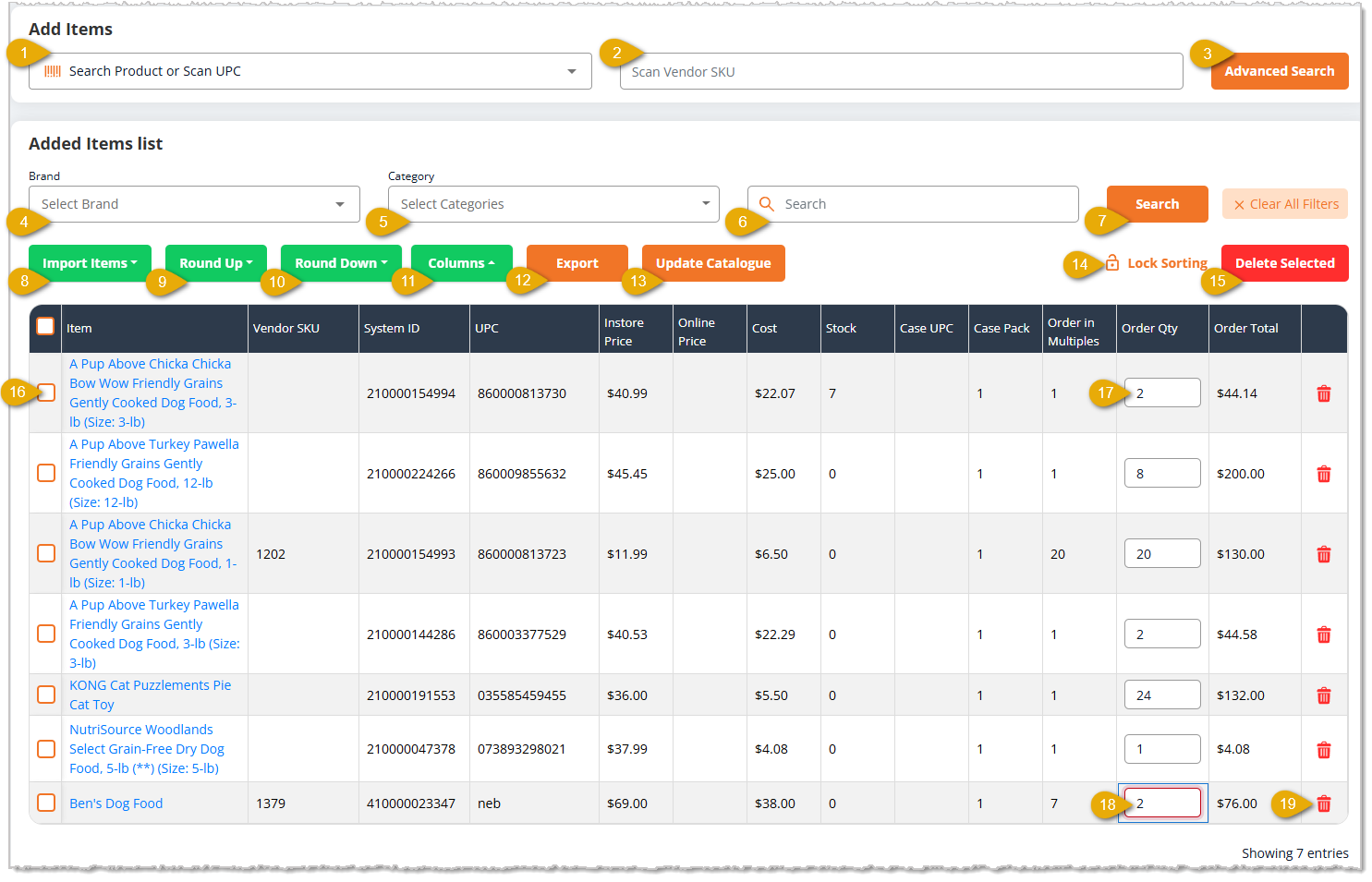 Image showing the Items area of the Purchase Order configuration page in the eTailPet system.