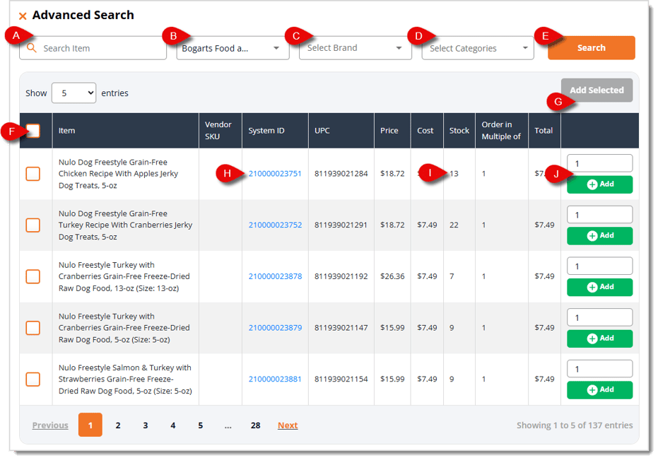 Image showing the Advanced Search panel of the Purchase Order Details page of the eTailPet system.