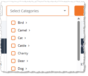 Image showing the categories filter for the advanced search window for a purchase order in the eTailPet system.