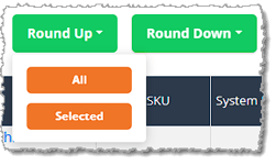 Image showing the Round Up and Round Down functions of the Purchase Order details page in the eTailPet system.