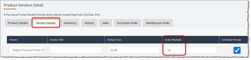 Image showing the Order Multiple column of the Vendor Details tab of a product detail page in the eTailPet system.