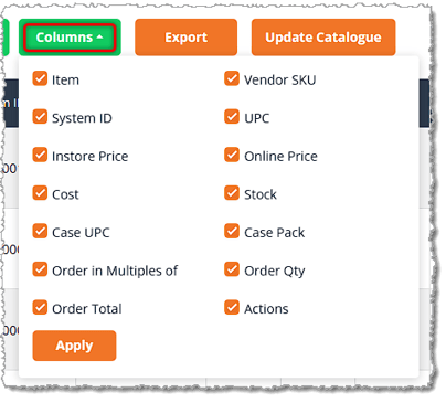 Image showing the Column options of the Purchase Order detail page in the eTailPet system.