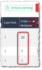 Image showing the column sorting and lock and unlock sorting functions of the Added Items List in the Purchase Order details page of the eTailPet system.