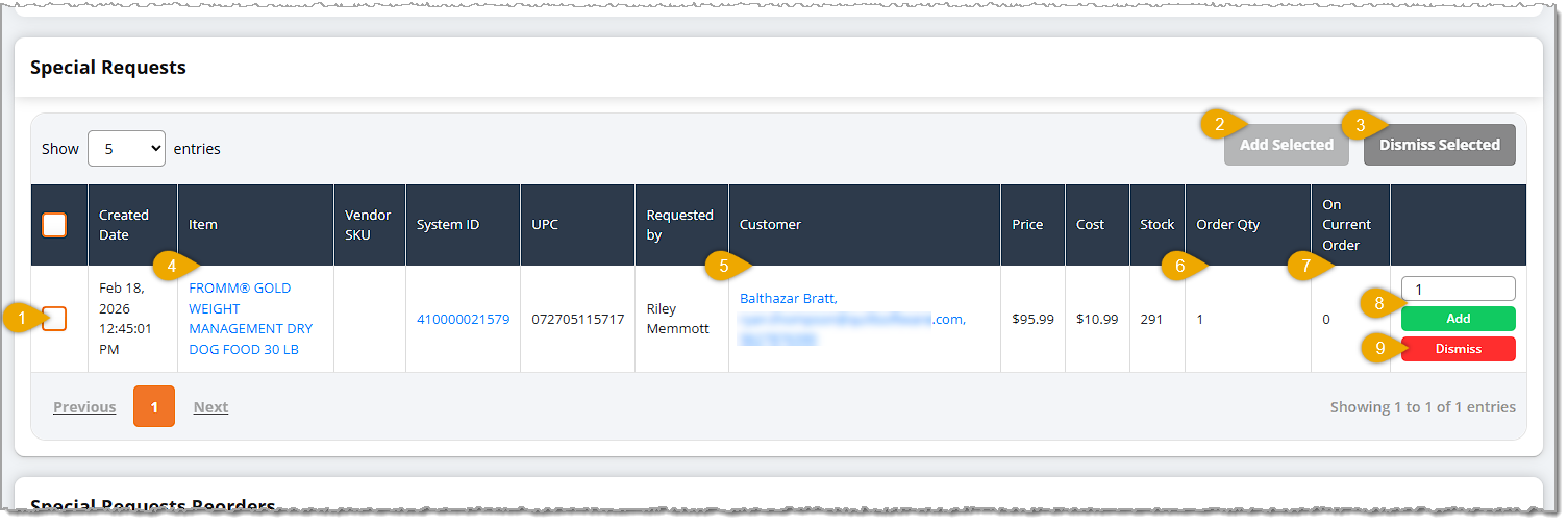 Image showing the Special Requests area of the Purchase Order detail page of the eTailPet system.