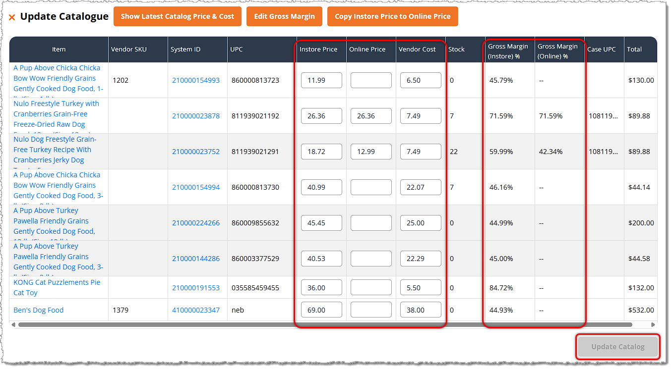 Image showing the Update Catalog panel with editable areas highlighted from the eTailPet system's Purchase Orders detail page.