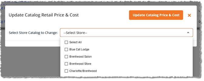 Image showing the Update Catalog store selection window from the eTailPet system's Purchase Orders detail page.