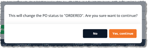 Image showing the confirmation window for sending a completed purchase order in the eTailPet system.