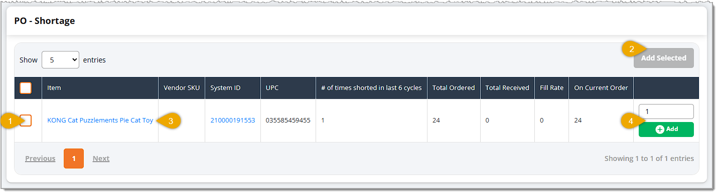 Image showing the PO Shortage area of the Purchase Order detail page of the eTailPet system.
