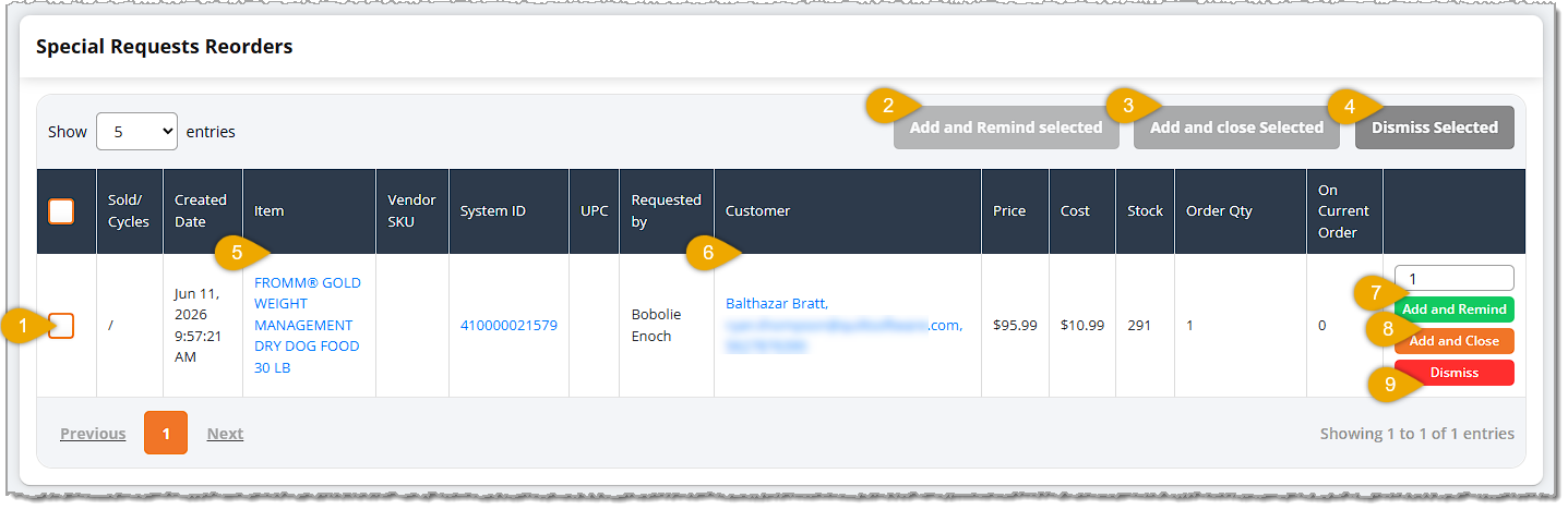 Image showing the Special Requests Reorders area of the Purchase Order detail page of the eTailPet system.