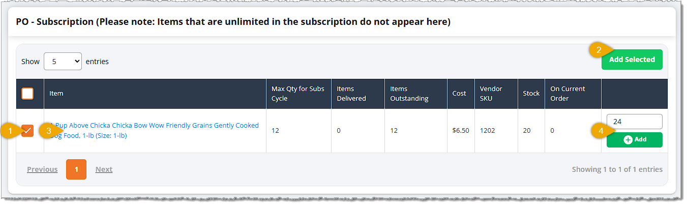 Image showing the PO Subscription area of the Purchase Order detail page of the eTailPet system.