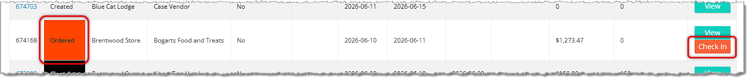 Image showing a purchase order in the Ordered status with the Check-In button highlighted in the eTailPet system.