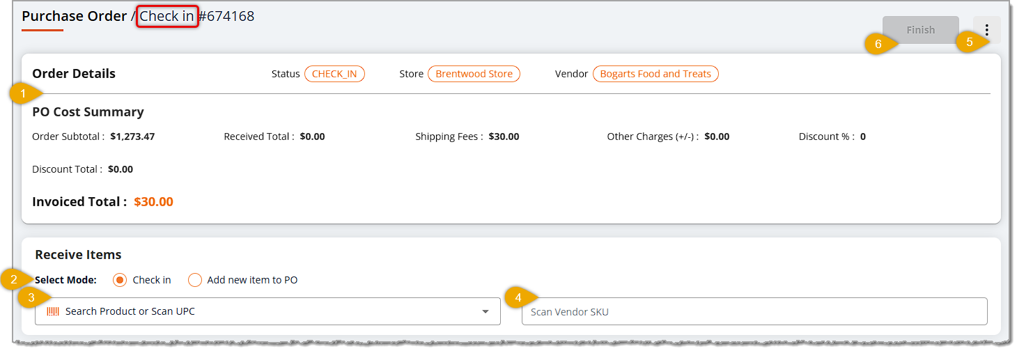 Image showing the Order Details and Receive Items sections of the purchase order check-in page in the eTailPet system.