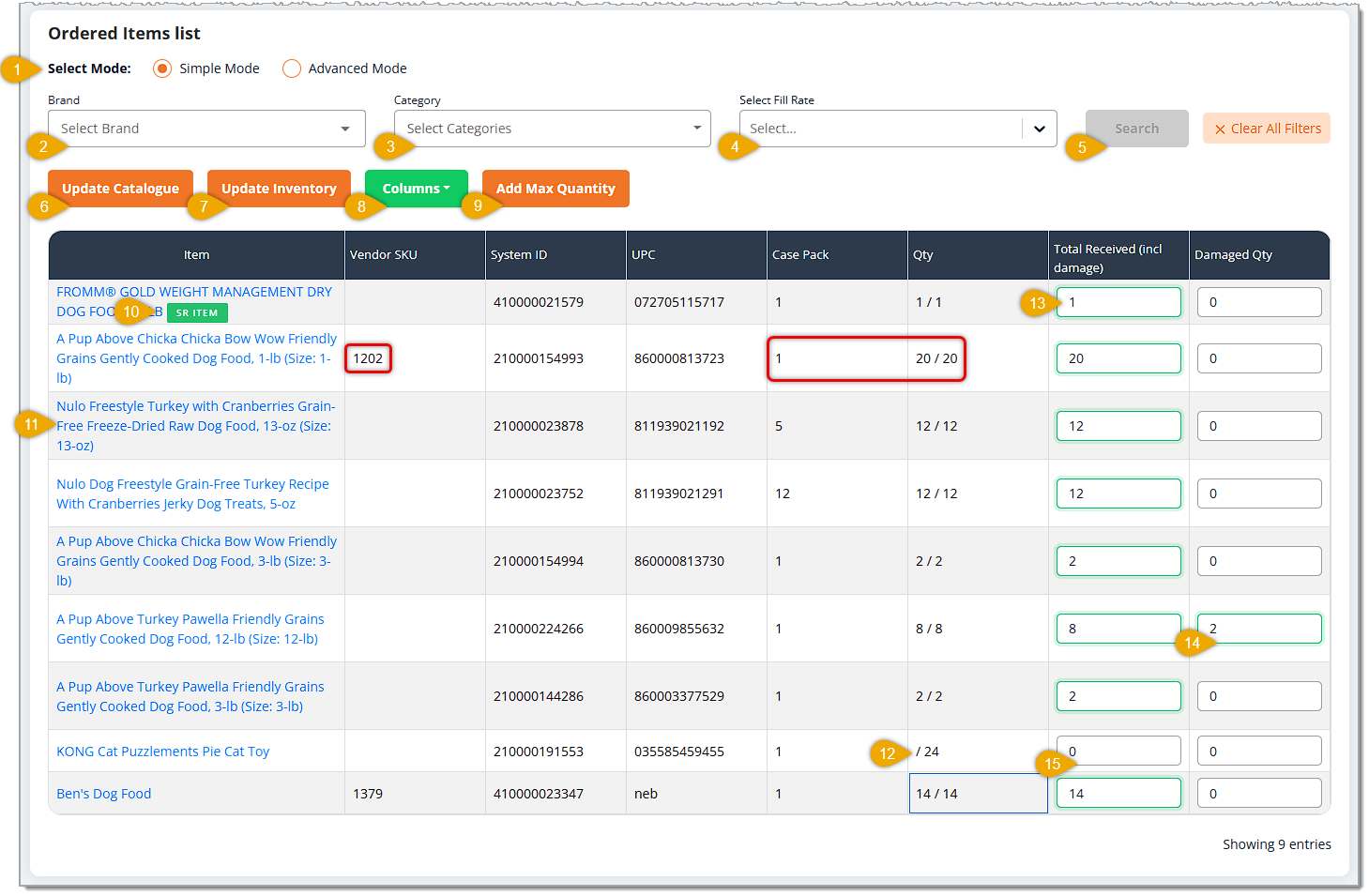 Image showing the Order Details area of the purchase order check-in page in the eTailPet system.
