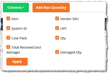Image showing the Column Visibility function of the purchase order check-in page of the eTailPet system.