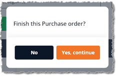 Image showing the confirmation popup window to proceed from Check-In to Finished for a PO in the eTailPet system.