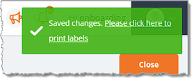 Image showing success for item check-in and the option to print labels for received inventory.