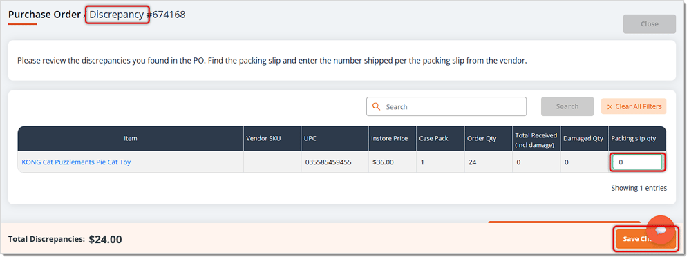 Image showing Discrepancy inventory from a purchase order in the eTailPet system.