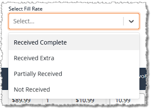 Image showing the Select Fill Rate filter on the purchase order check-in page of the eTailPet system.
