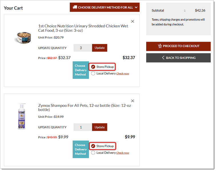 Image showing the store pickup option for items in the website cart for the eTailPet system.