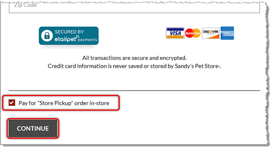 Image showing the Pay In-Store option for store pickup orders in the website checkout of the eTailPet system.
