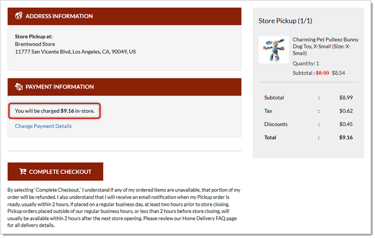 Image showing the summary of the Pay In-Store option for store pickup orders in the website checkout of the eTailPet system.