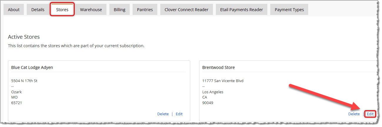 Image showing the Stores tab of Settings and how to Edit a store's settings in the eTailPet system.