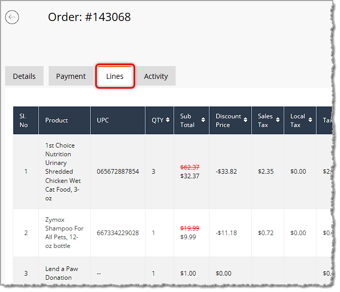 Image showing the items for a Store Pickup web order in the Lines tab of the Order details page in the eTailPet system.