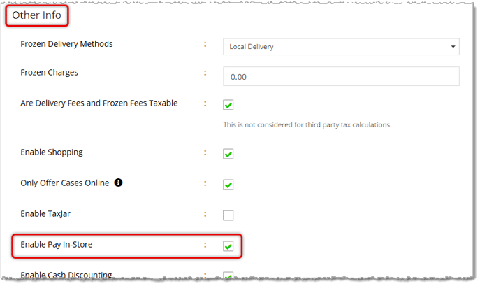 Image showing the Enable Pay In-Store setting for a store in the eTailPet system.