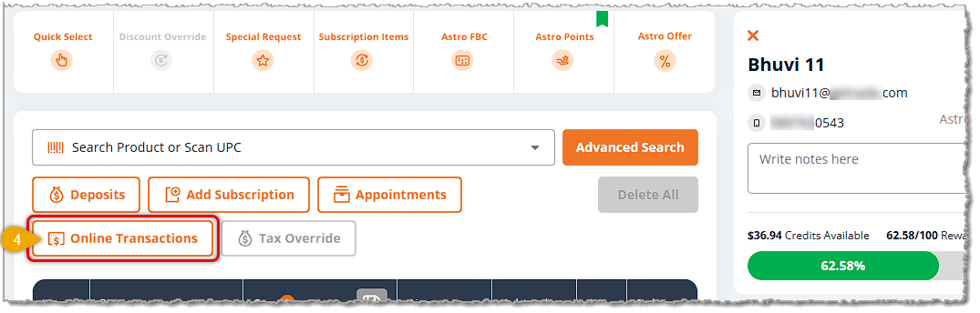 Image showing a New Sale with the Online Transactions button highlighted in the eTailPet system.