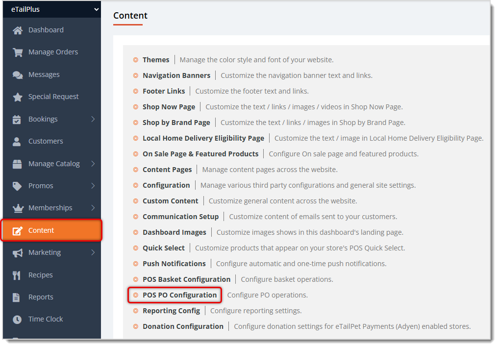 Image showing the Content page of the main system menu with the POS PO Configuration option highlighted in the eTailPet system.