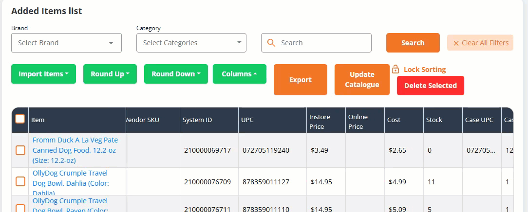 Animated image showing horizontal scrolling with the Item name column in a Purchase Order remaining fixed in view on the left in the eTailPet system.