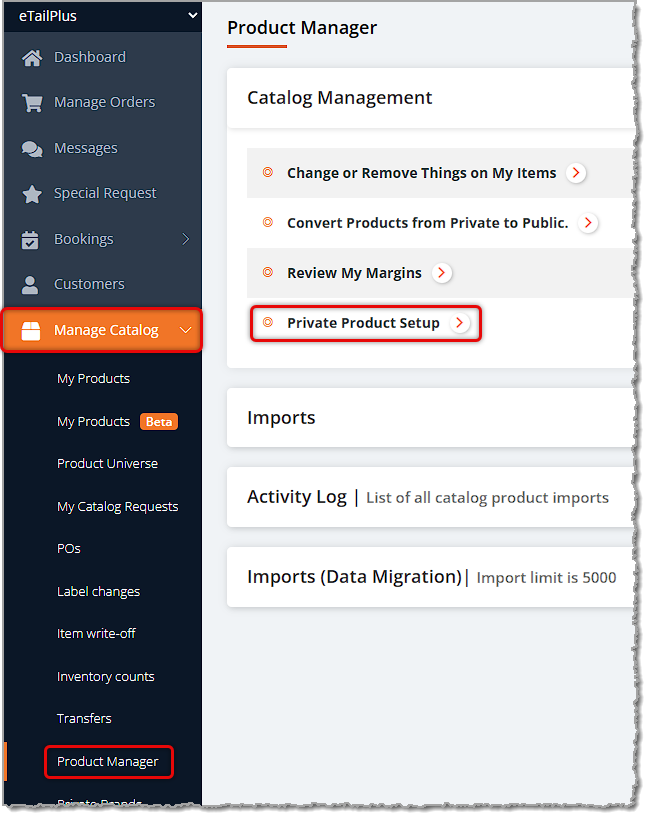 Image showing how to get to the Private Product Setup area of the Product Manager in the eTailPet system.