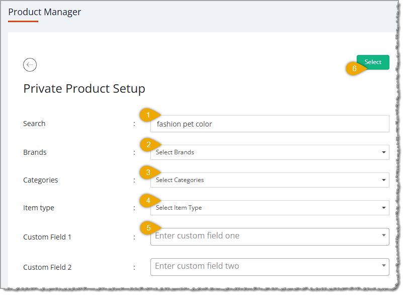 Image showing the Product Manager page for Private Product Setup with the different ways to find products highlighted.