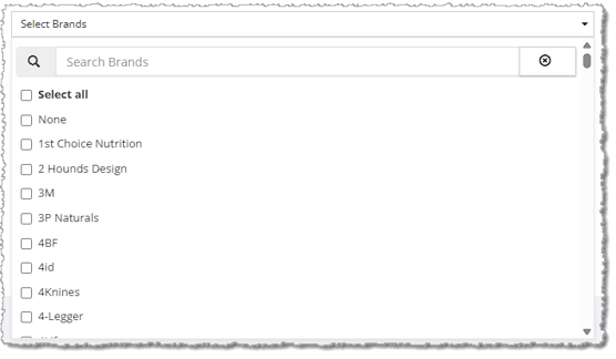 Image showing the Brand Search on the Private Product Setup page in the eTailPet system.
