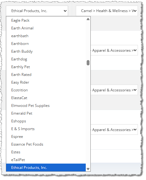 Image showing the Brand and Category drop-lists on the Setup Private Products page of the eTailPet system.