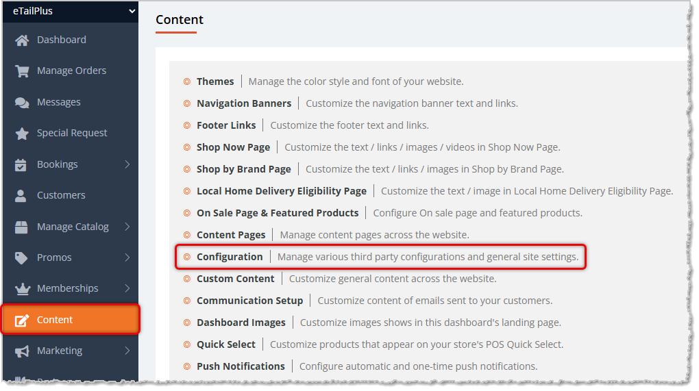 Image showing the Content page Configuration option in the eTailPet Dashboard.