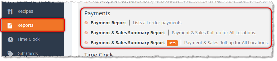 Image showing the Payments section of the Reports page of the eTailPet system with the Payment Report and Payment & Sales Summary Report links highlighted.