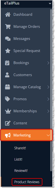 Image showing the Product Reviews area of the Marketing menu in the eTailPet Dashboard.