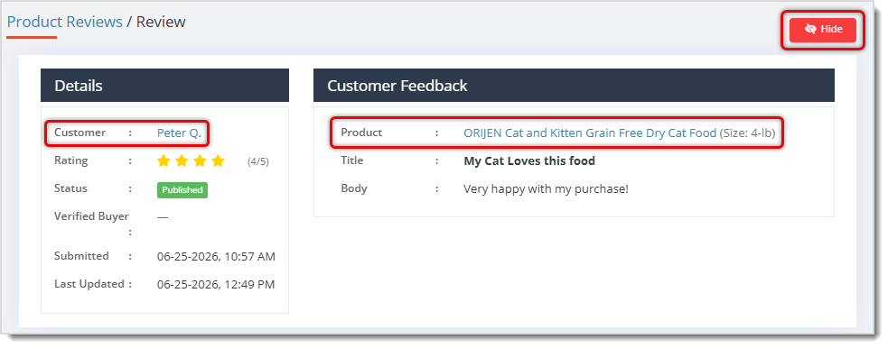  Image showing an individual Product Review page in the eTailPet Dashboard.