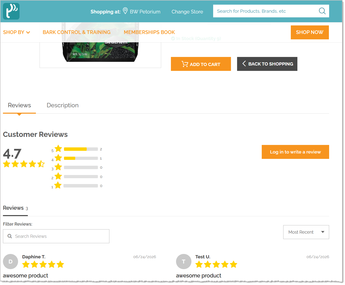 Image showing Reviews tab of a product listing customer reviews and star ratings on the storefront eTailPet website.