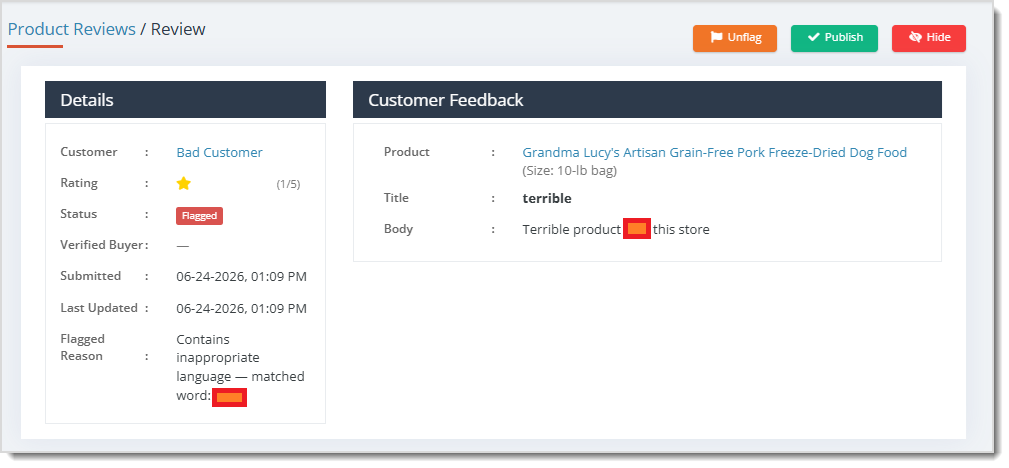 Image showing a Review flagged for inappropriate language in the eTailPet Dashboard.