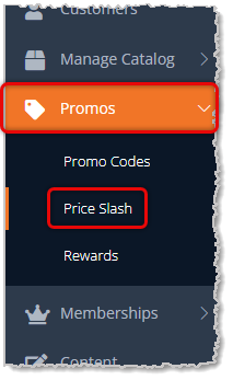 Image showing the Promos area of the main eTailPet menu with the Price Slash area highlighted.