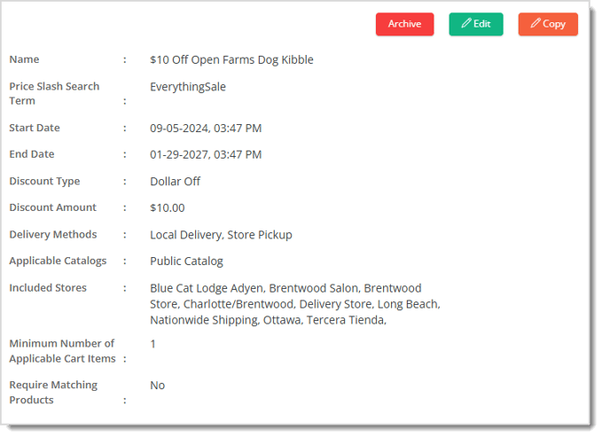 Image showing a Dollar / Percentage Price Slash details page in the eTailPet system.