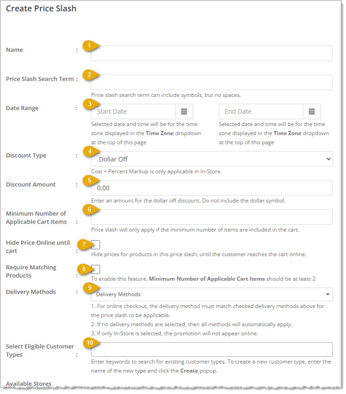 Image showing the upper area of the Create Price Slash page for a Dollar / Percentage discount in the eTailPet system.