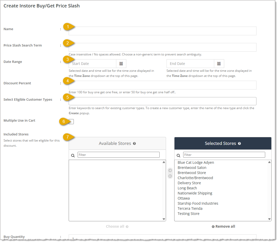 Image showing the upper area of the Create Price Slash page for a Buy / Get discount in the eTailPet system.