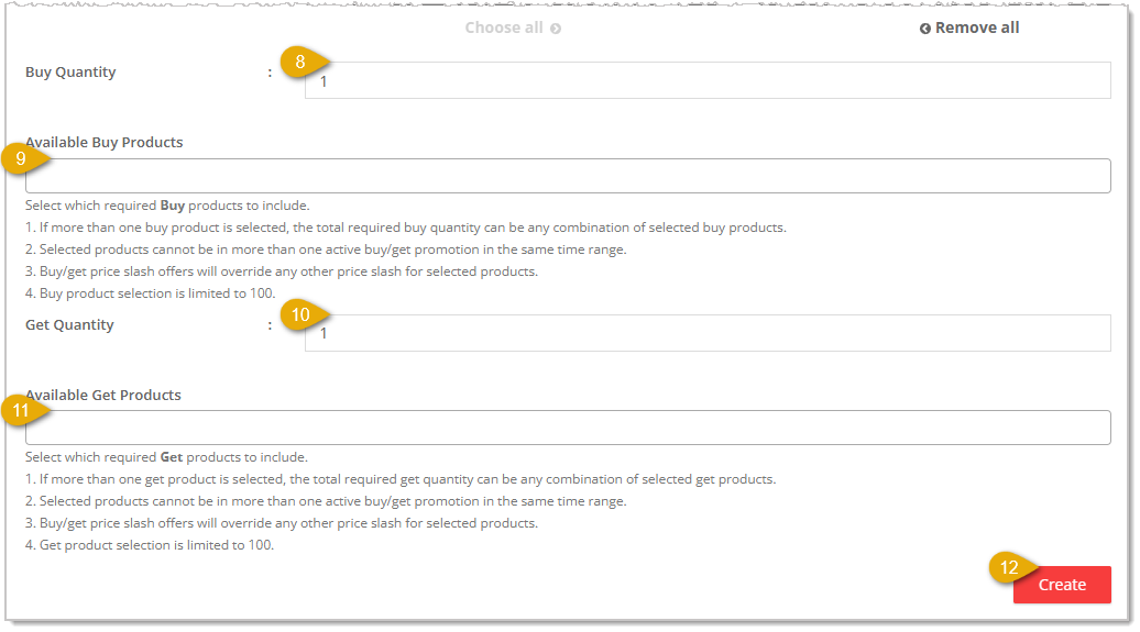 Image showing the lower area of the Create Price Slash page for a Buy / Get discount in the eTailPet system.