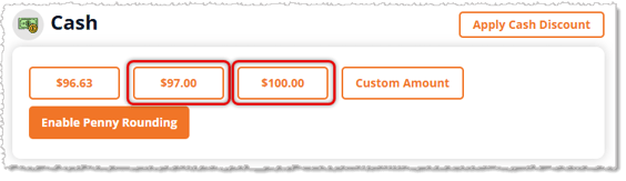 Image showing system-generated cash payment amount buttons in the Payments panel of the eTailPet system.