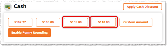 Image showing system-generated cash payment amount buttons in the Payments panel of the eTailPet system.