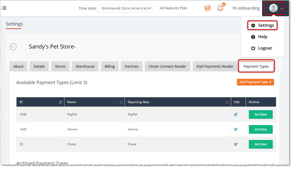 Image showing the Payment Types tab of the Settings page in the eTailPet system.