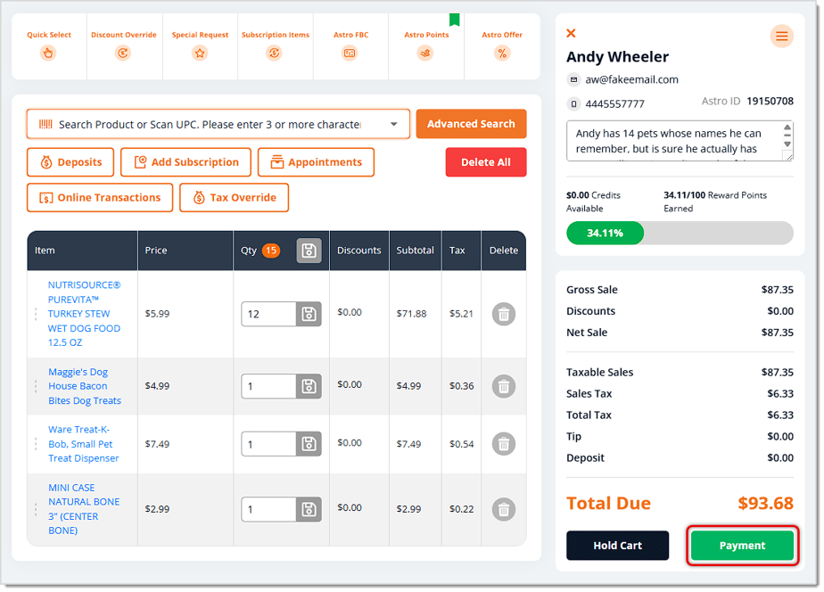Image showing the New Sale page with the Payment button highlighted in the eTailPet system.